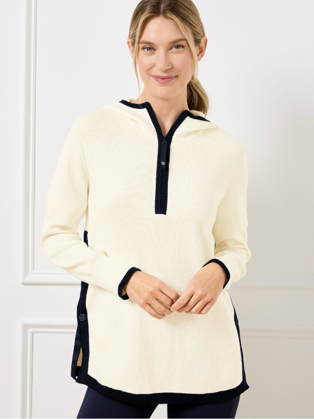 T by Talbots Cream Half-Zip Hooded Sweater with Black Trim Like New, Size X